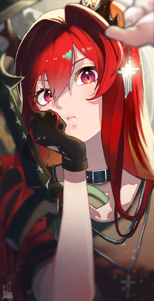 Anime picture 1536x3000 with arknights surtr (arknights) surtr (liberte echec) (arknights) tokishima sikuka single long hair tall image looking at viewer fringe hair between eyes purple eyes upper body red hair horn (horns) official alternate costume head rest girl gloves choker black gloves