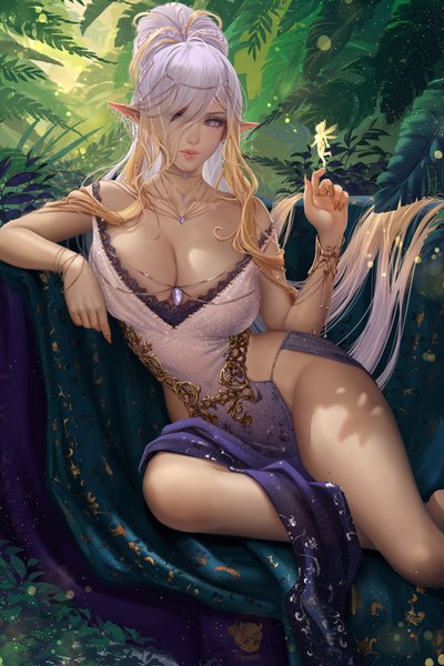 Anime picture 5333x8000 with original olga narhova tall image looking at viewer fringe highres breasts light erotic large breasts sitting absurdres silver hair bent knee (knees) outdoors very long hair nail polish multicolored hair fingernails lips pointy ears