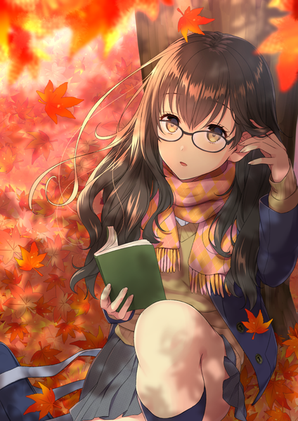 Anime picture 1000x1414 with original daidai jamu single long hair tall image looking at viewer blush fringe open mouth hair between eyes brown hair sitting holding brown eyes pleated skirt from above blurry open clothes :o autumn