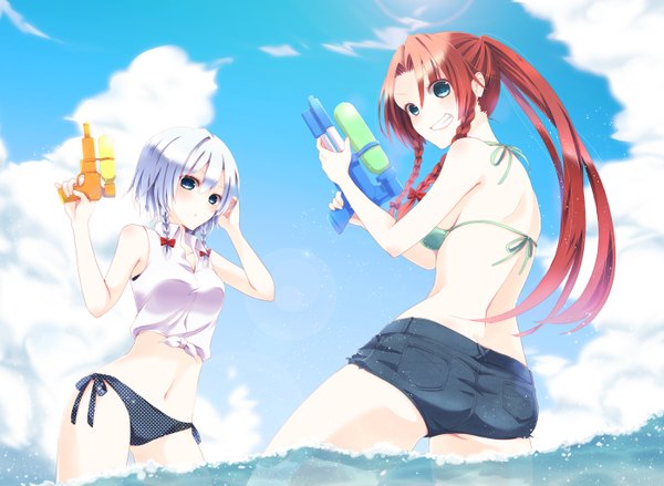 Anime picture 1400x1026 with touhou izayoi sakuya hong meiling chitose (usacan) long hair short hair blue eyes light erotic smile multiple girls sky cloud (clouds) white hair ponytail red hair braid (braids) twin braids girl bow 2 girls