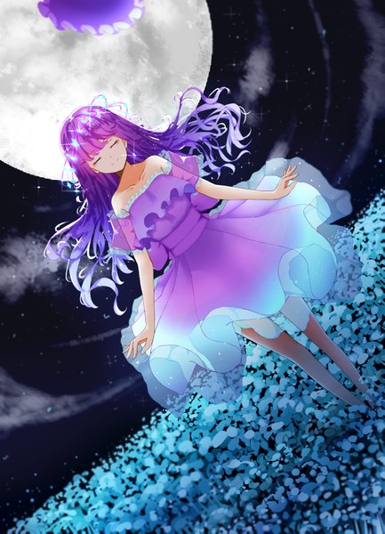 Anime picture 2413x3345 with original pkq single long hair tall image fringe highres smile standing bare shoulders purple hair cloud (clouds) eyes closed night sparkle dutch angle night sky hat removed girl dress