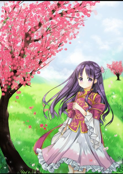 Anime picture 1075x1518 with original amemiya ruki single long hair tall image purple eyes purple hair cherry blossoms girl plant (plants) petals tree (trees)
