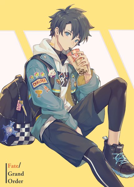 Anime picture 800x1117 with fate (series) fate/grand order fou (fate) fujimaru ritsuka (male) 21 single tall image looking at viewer fringe short hair blue eyes black hair hair between eyes sitting alternate costume copyright name yellow background drinking boy shoes