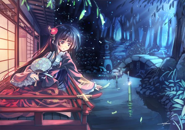 Anime picture 1326x939 with touhou houraisan kaguya orita enpitsu single long hair fringe black hair red eyes looking away blunt bangs traditional clothes japanese clothes hair flower night architecture east asian architecture hime cut girl hair ornament flower (flowers)