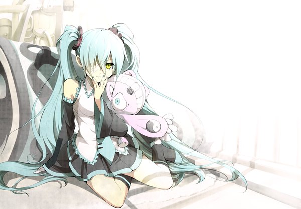 Anime picture 1100x767 with vocaloid hatsune miku hirococo single long hair fringe white background sitting twintails yellow eyes hair over one eye aqua hair arm support girl detached sleeves toy stuffed animal