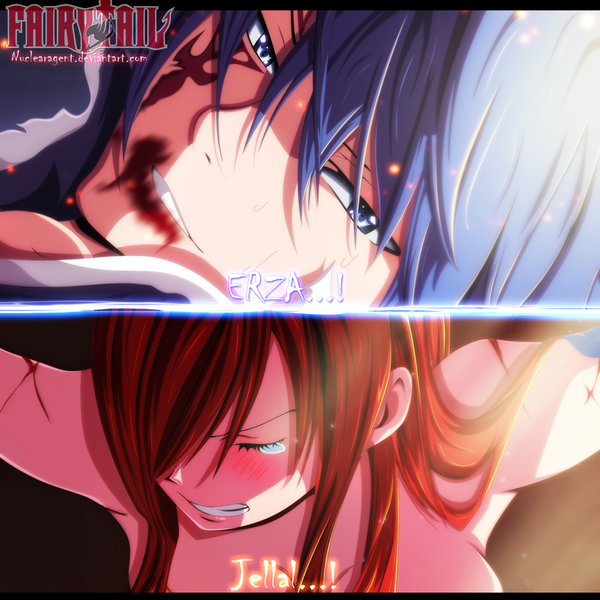 Anime picture 2601x2601 with fairy tail erza scarlet jellal fernandes nuclearagent blush fringe highres blue eyes light erotic smile blue hair eyes closed sunlight hair over one eye inscription tattoo coloring facial mark watermark letterboxed