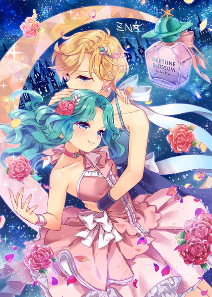 Anime picture 1000x1406 with bishoujo senshi sailor moon toei animation kaiou michiru tenou haruka zenyu long hair tall image looking at viewer blush short hair blue eyes blonde hair smile multiple girls signed head tilt hair flower aqua hair night hug