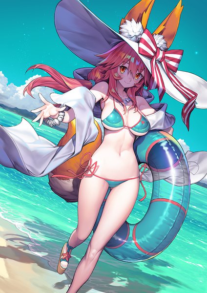 Anime picture 800x1132 with fate (series) fate/grand order tamamo (fate) (all) tamamo no mae (swimsuit lancer) (fate) mandrill single long hair tall image looking at viewer blush fringe breasts light erotic smile hair between eyes large breasts holding animal ears payot pink hair