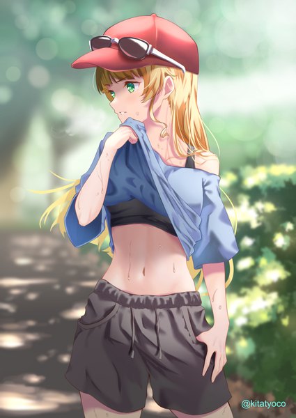 Anime picture 724x1023 with hello!!! love live! sunrise (studio) love live! heanna sumire kitatyoco single long hair tall image blonde hair standing green eyes signed looking away outdoors blurry midriff sweat twitter username turning head sunglasses on head
