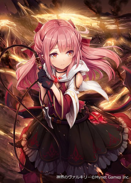 Anime picture 643x900 with shinkai no valkyrie nurse cairn akkijin single long hair tall image fringe red eyes bare shoulders holding looking away pink hair from above wide sleeves official art girl dress gloves ribbon (ribbons) weapon