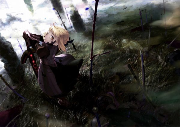 Anime picture 1600x1131 with fate (series) fate/stay night studio deen type-moon artoria pendragon (all) saber alter weapon sword dark excalibur
