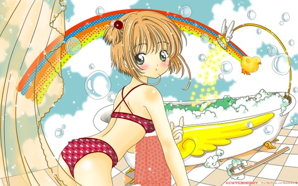 Anime picture 2560x1600 with card captor sakura clamp kinomoto sakura cutesherry single looking at viewer highres short hair light erotic wide image signed from behind two side up lolicon vector third-party edit girl swimsuit bikini bubble (bubbles)