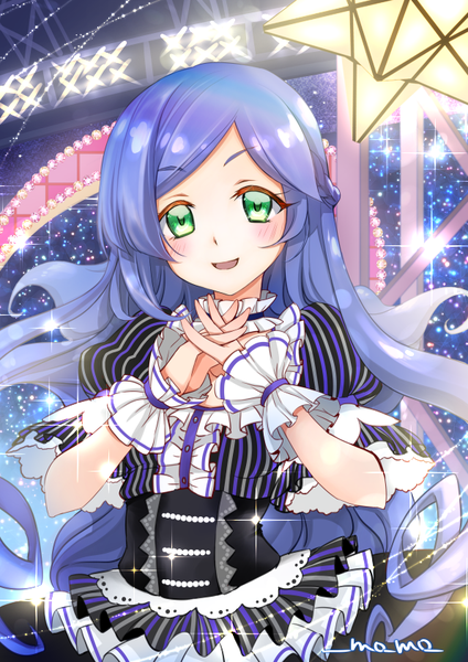 Anime picture 595x842 with kiratto pri chan pretty (series) aoba rinka momocovr single long hair tall image looking at viewer blush open mouth green eyes signed blue hair upper body :d sparkle half updo interlocked fingers girl wrist cuffs