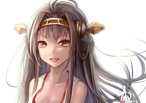 Anime picture 1340x947 with kantai collection kongou battleship wangchuan de quanyan single long hair looking at viewer open mouth black hair simple background white background bare shoulders brown eyes nontraditional miko girl hair ornament tongue