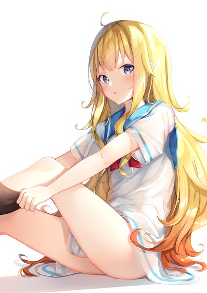 Anime picture 848x1200 with gabriel dropout doga kobo tenma gabriel white shiero. single long hair tall image looking at viewer blush blue eyes light erotic simple background blonde hair white background sitting ahoge :o dressing girl uniform