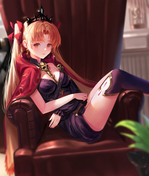 Anime picture 950x1126 with fate (series) fate/grand order ereshkigal (fate) dongfangzhong111 single long hair tall image looking at viewer blush fringe breasts light erotic blonde hair sitting indoors blurry orange eyes two side up depth of field between breasts