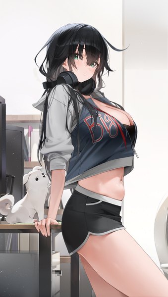 Anime picture 2500x4421 with original choyeon single long hair tall image looking at viewer fringe highres breasts light erotic black hair hair between eyes large breasts standing green eyes cleavage indoors midriff turning head headphones around neck