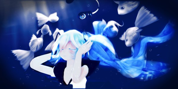 Anime picture 3000x1500 with vocaloid hatsune miku ji-kun (artist) single long hair blush highres wide image eyes closed aqua hair underwater girl bubble (bubbles) fish (fishes)