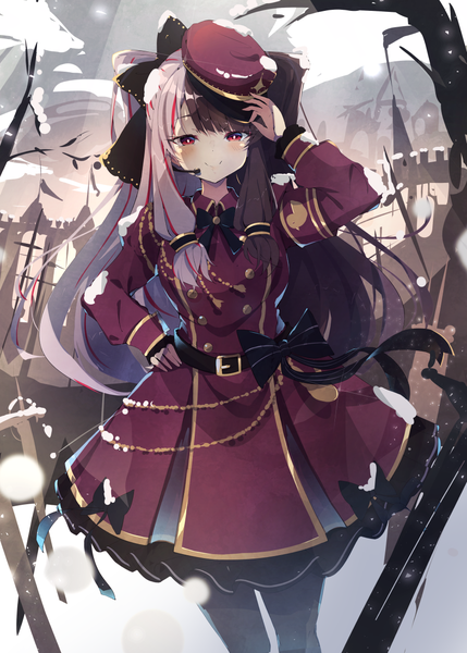 Anime picture 907x1268 with virtual youtuber nijisanji yorumi rena nekopote single long hair tall image looking at viewer blush black hair smile red eyes twintails silver hair outdoors multicolored hair two-tone hair hand on hip adjusting hat tress ribbon