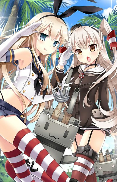 Anime picture 600x927 with kantai collection shimakaze destroyer rensouhou-chan amatsukaze destroyer rensouhou-kun kurot long hair tall image looking at viewer blush fringe open mouth blue eyes light erotic blonde hair smile multiple girls brown eyes sky pleated skirt