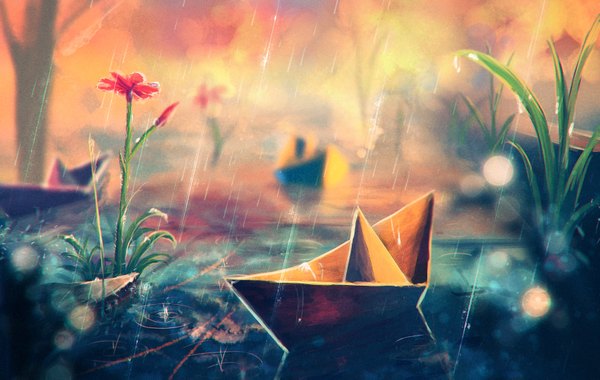 Anime picture 3500x2222 with original sylar113 highres absurdres cloud (clouds) outdoors close-up rain no people flower (flowers) plant (plants) tree (trees) water grass paper watercraft ship puddle