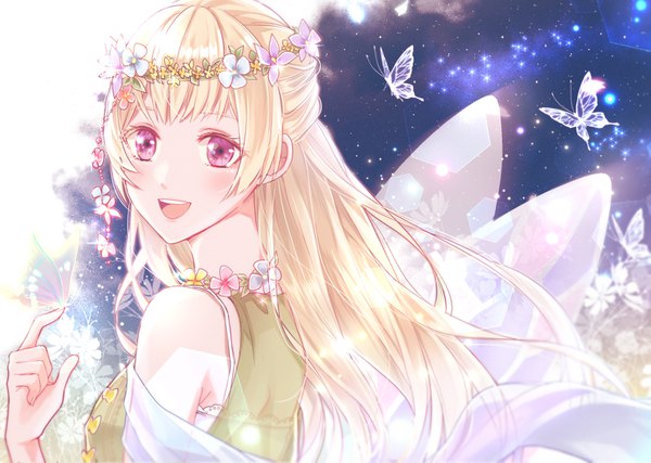 Anime picture 1451x1033 with bang dream! shirasagi chisato ashiyu single long hair looking at viewer blush fringe open mouth blonde hair smile bare shoulders :d pink eyes hair flower sleeveless floating hair half updo fantasy transparent