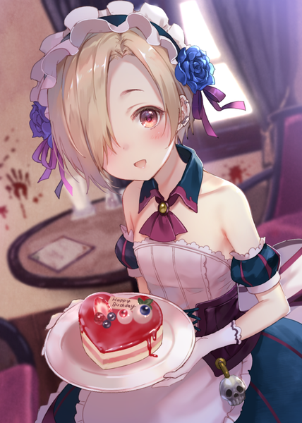 Anime-Bild 750x1050 mit idolmaster idolmaster cinderella girls shirasaka koume fukahire (ruinon) single tall image looking at viewer blush fringe short hair open mouth blonde hair smile red eyes bare shoulders holding indoors hair flower blurry hair over one eye