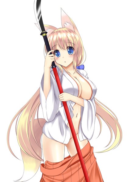 Anime picture 849x1200 with original sogaya single long hair tall image looking at viewer blush breasts blue eyes light erotic blonde hair white background animal ears fox ears fox girl girl navel weapon naginata