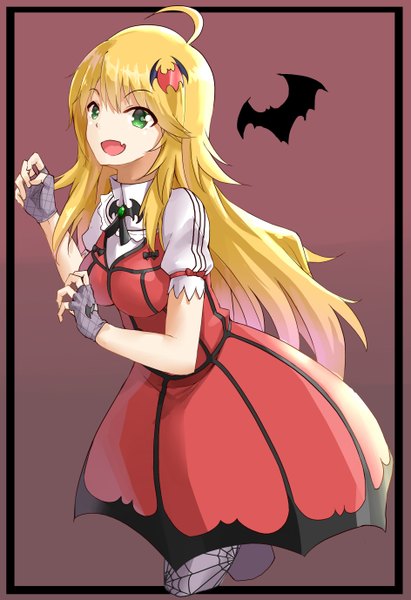 Anime picture 1888x2754 with idolmaster hoshii miki kurokin single long hair tall image looking at viewer highres breasts open mouth blonde hair green eyes ahoge teeth fang (fangs) halloween my dear vampire girl dress gloves
