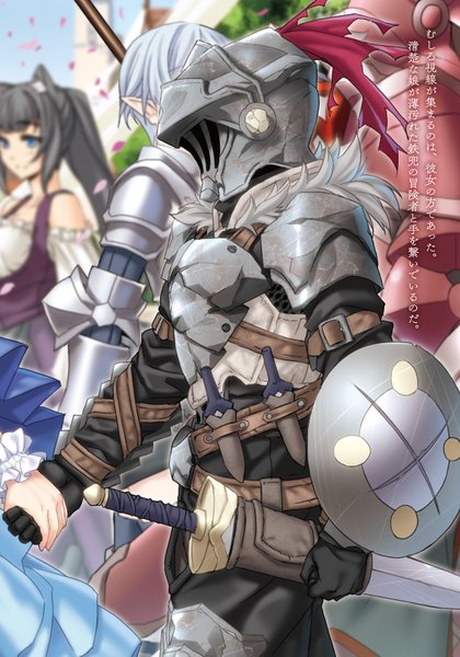 Anime picture 1120x1600 with goblin slayer! white fox goblin slayer kannatsuki noboru long hair tall image blue eyes black hair standing signed animal ears silver hair outdoors ponytail pointy ears cat ears official art cat girl fur trim holding hands