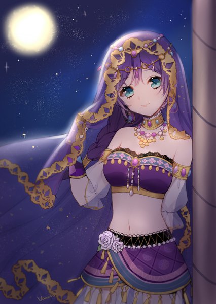 Anime picture 1299x1830 with love live! school idol project sunrise (studio) love live! toujou nozomi cup (artist) single long hair tall image looking at viewer blush fringe breasts light erotic smile standing signed purple hair upper body outdoors traditional clothes