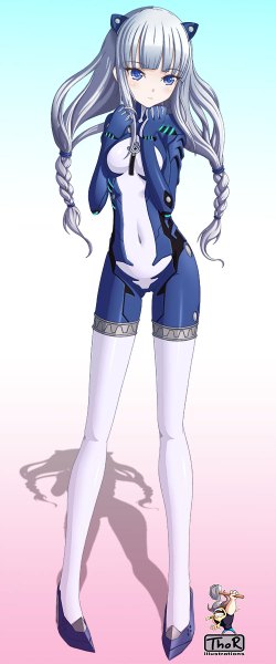 Anime picture 500x1200 with astebreed (game) evilflesh (artist) single long hair tall image blush blue eyes simple background silver hair shadow covered navel girl navel bodysuit