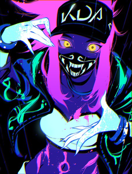 Anime picture 800x1049 with league of legends k/da (league of legends) akali (league of legends) k/da akali ress single long hair tall image looking at viewer yellow eyes payot pink hair ponytail midriff eyeshadow ultraviolet light girl navel choker bracelet