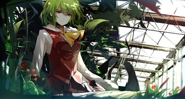 Anime picture 3508x1897 with touhou kazami yuuka sam ashton single highres short hair red eyes wide image green hair wind looking down closed umbrella girl flower (flowers) plant (plants) umbrella vest neckerchief