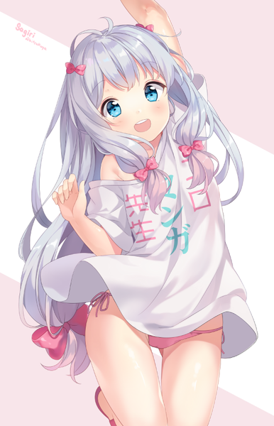 Anime picture 547x849 with eromanga sensei a-1 pictures izumi sagiri hitsukuya single long hair tall image looking at viewer blush fringe open mouth blue eyes light erotic signed silver hair ahoge bent knee (knees) arm up happy jumping
