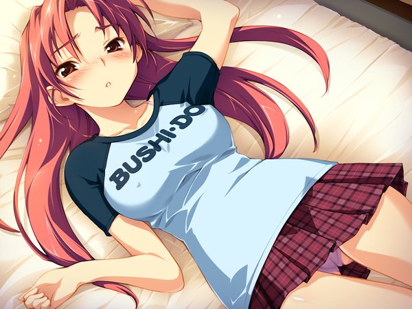 Anime picture 1200x900 with ai shimai docchinisuruno (game) light erotic brown eyes red hair pantyshot girl