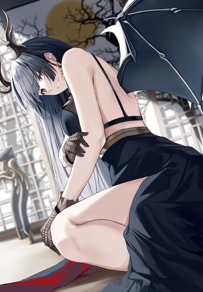 Anime picture 1500x2152 with original nicky w single long hair tall image looking at viewer fringe breasts black hair smile red eyes sitting indoors parted lips looking back horn (horns) demon girl demon wings fishnet girl