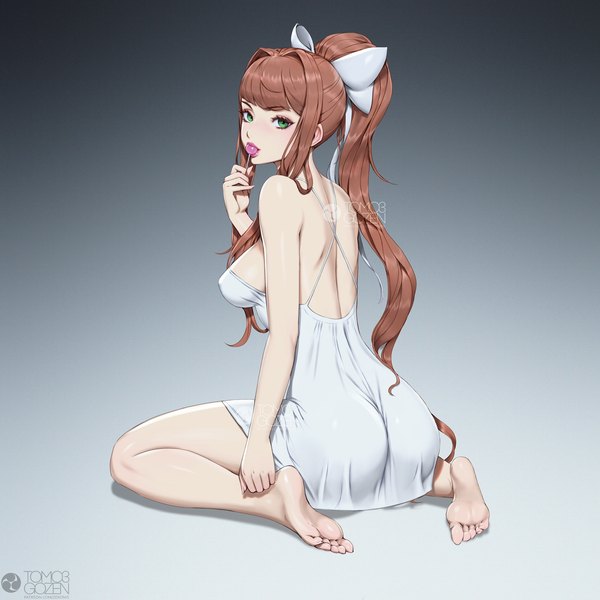 Anime picture 1773x1773 with doki doki literature club monika (doki doki literature club) paul (shiramune) single long hair looking at viewer fringe highres breasts light erotic simple background brown hair large breasts sitting holding green eyes signed payot full body bent knee (knees)