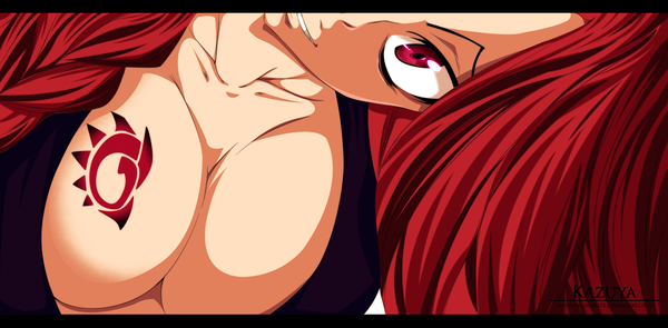 Anime picture 2000x986 with fairy tail flare corona kazuyag12 single long hair highres breasts light erotic smile red eyes wide image large breasts red hair tattoo coloring girl