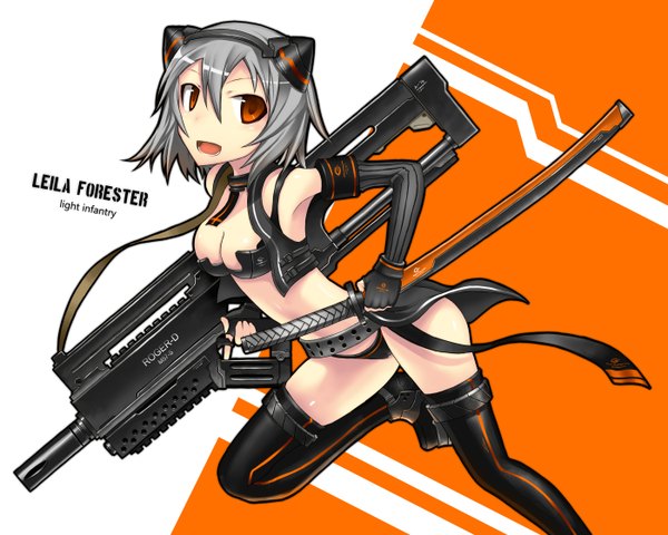 Anime picture 1400x1120 with gia single short hair open mouth light erotic red eyes animal ears silver hair inscription girl thighhighs underwear panties weapon black thighhighs sword belt katana gun collar