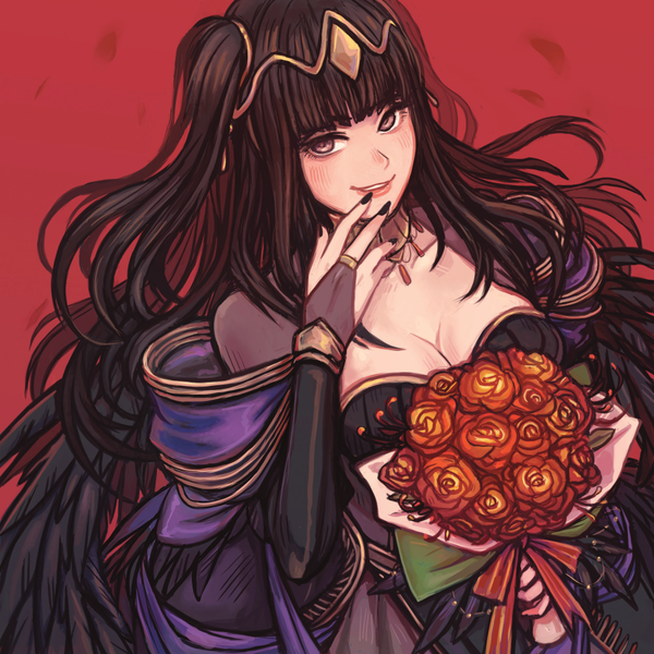 Anime picture 900x900 with fire emblem fire emblem awakening fire emblem heroes nintendo sarja faithom single long hair looking at viewer fringe breasts light erotic black hair simple background large breasts cleavage blunt bangs nail polish black eyes two side up