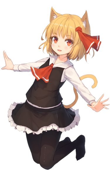 Anime-Bild 800x1280 mit touhou rumia shone single tall image blush fringe short hair open mouth simple background blonde hair smile red eyes white background animal ears payot full body bent knee (knees) tail head tilt