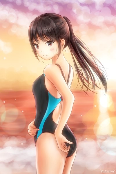 Anime picture 600x900 with original sakinate single long hair tall image looking at viewer blush fringe breasts light erotic smile brown hair standing bare shoulders brown eyes signed payot sky cloud (clouds) outdoors
