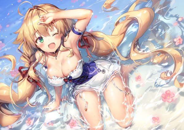 Anime picture 950x672 with azur lane le temeraire (azur lane) riichu single looking at viewer blush fringe breasts open mouth light erotic blonde hair hair between eyes large breasts sitting green eyes cleavage full body ahoge braid (braids) very long hair