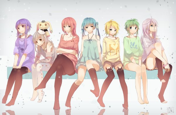 Anime picture 1214x800 with vocaloid hatsune miku megurine luka kagamine rin gumi ia (vocaloid) yuzuki yukari mayu (vocaloid) usano mimi chiaki ore long hair looking at viewer fringe short hair blue eyes blonde hair red eyes sitting twintails purple eyes