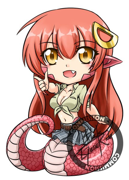 Anime picture 926x1289 with monster musume no iru nichijou miia (monster musume) blackgeneride long hair tall image looking at viewer open mouth simple background white background animal ears yellow eyes cleavage red hair tail animal tail text chibi pointing snake tail lamia