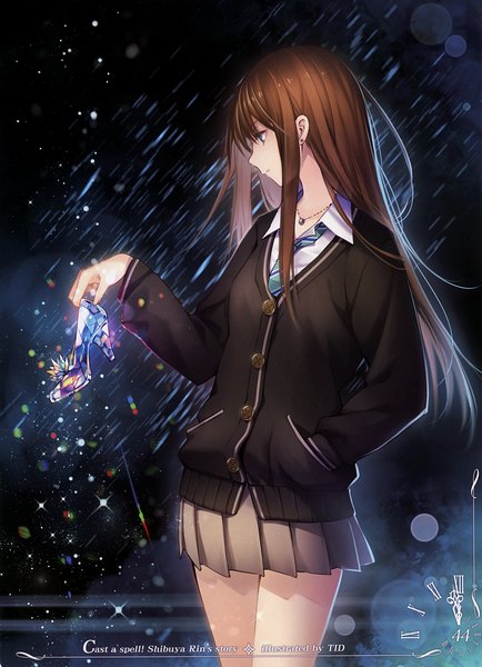 Anime picture 2412x3331 with idolmaster idolmaster cinderella girls shibuya rin tidsean single long hair tall image highres blue eyes brown hair looking away scan dark background hand in pocket girl skirt uniform school uniform miniskirt shoes