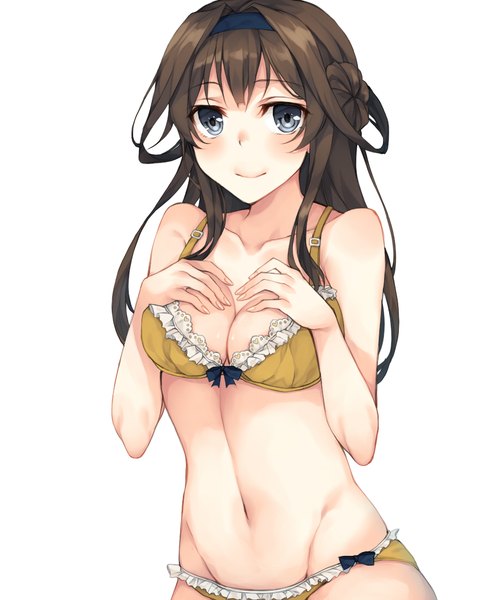 Anime picture 900x1100 with kantai collection kongou battleship rinarisa single long hair tall image looking at viewer blush fringe breasts blue eyes light erotic simple background smile brown hair large breasts bare shoulders upper body midriff hair bun (hair buns)