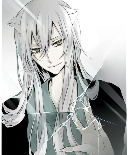 Anime picture 700x850 with kamisama hajimemashita tomoe (kamisama hajimemashita) m r n single long hair tall image looking at viewer fringe simple background smile hair between eyes green eyes animal ears silver hair traditional clothes japanese clothes fingernails fox ears gradient background long fingernails