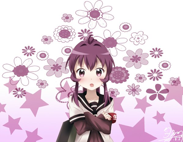 Anime picture 1049x816 with yuru yuri doga kobo sugiura ayano 8820122 single long hair open mouth purple eyes purple hair crossed arms girl serafuku star (symbol)